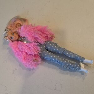 Barbie Doll with Pink Fluffy Jacket and Blue Star Pants